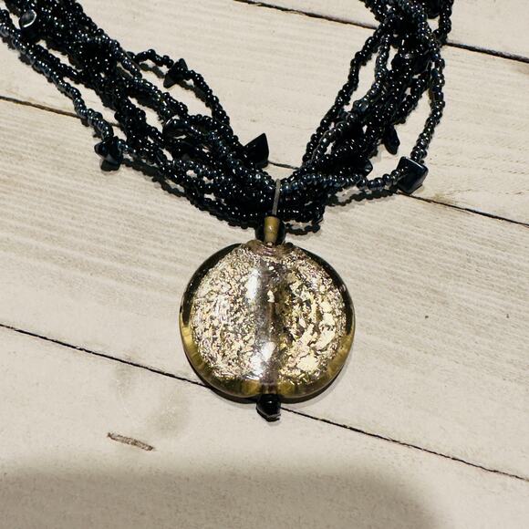 Vintage Black Multi-Strand Seed Bead Necklace with Crackle Glass Disc Pendant - Picture 2 of 6